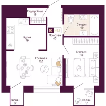 1-комнатная квартира: Нижний Новгород, Нижегородский район (43.8 м)