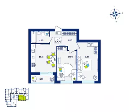 2-к кв. Калининградская область, Зеленоградск  (57.72 м)