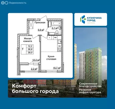 1-комнатная квартира: Нижний Новгород, ЖК Кузнечиха Город, 9 (38 м)