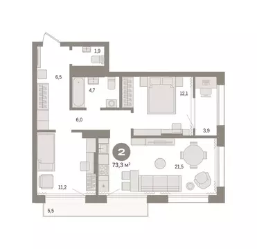 2-комнатная квартира: Тюмень, Краснооктябрьская улица, 4 (73.27 м)