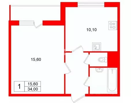 Квартира, 1 комната, 34 м