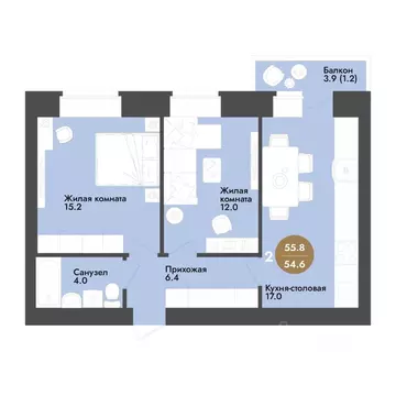 2-к кв. Вологодская область, Вологда ул. Преображенского (55.8 м)