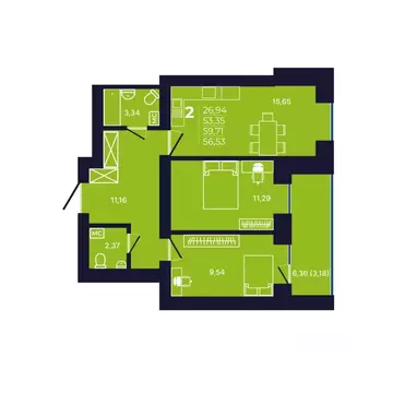 2-к кв. Башкортостан, Уфа ул. Михаила Зайцева, 6 (56.8 м)