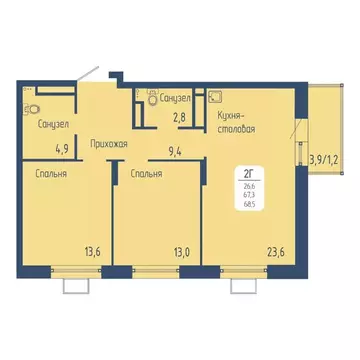 2-к кв. Красноярский край, Красноярск Свободный просп. (68.5 м)