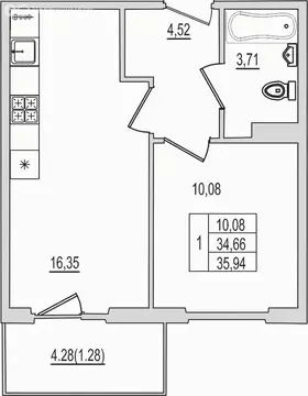 1-комнатная квартира: Псков, Рижский проспект, 94Д (35.94 м)