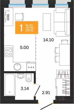 1-к кв. Башкортостан, Уфа ул. Султанова, 28 (25.15 м)
