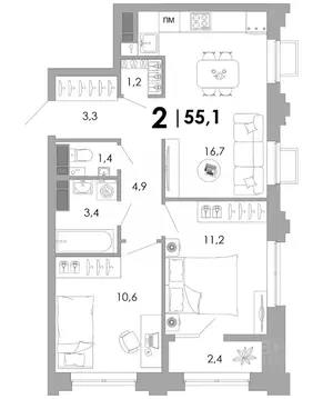 2-к кв. Владимирская область, Владимир Уно жилой комплекс (55.1 м)