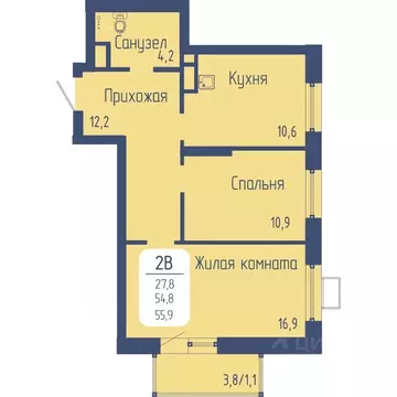 2-к кв. Красноярский край, Красноярск Свободный просп. (55.9 м)
