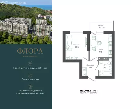 1-комнатная квартира: Сочи, улица Искры, 66/9к7 (29.2 м)