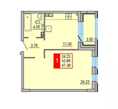 1-к кв. Тверская область, Тверь Петербургское ш. (47.38 м)
