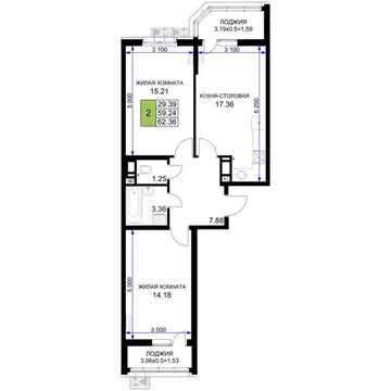 2-к кв. Краснодарский край, Краснодар Фонтаны жилой комплекс (62.36 м)