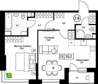 2-к кв. Московская область, Пушкино Пушкино Град жилой комплекс (55.2 ...
