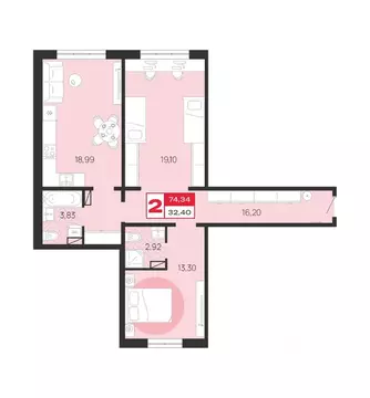 2-к кв. Брянская область, Брянск Медовый кв-л, поз8 (74.34 м)