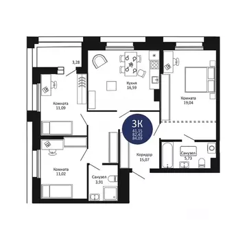 3-к кв. Новосибирская область, Новосибирск 1-й на Рябиновой жилой ...