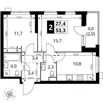 2-к кв. Москва 1-й Измайловский жилой комплекс, к2 (53.3 м)