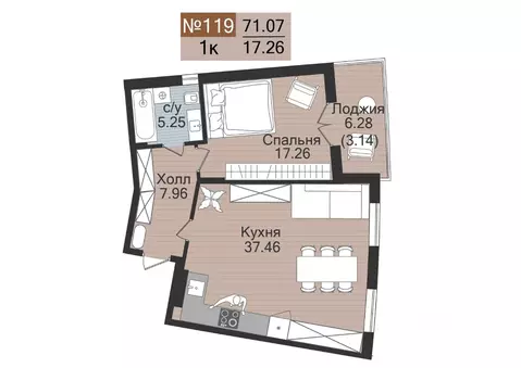 1-к кв. Калининградская область, Гурьевск  (71.07 м)