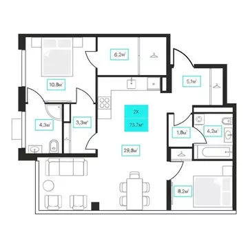 2-комнатная квартира: Тюмень, улица Червишевский Тракт, 25 (73.7 м)