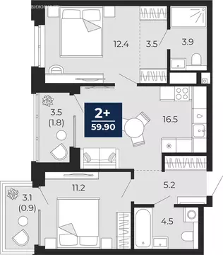 2-комнатная квартира: Тюмень, проезд Капитана Куликова, 5 (63.8 м)
