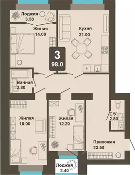 3-к кв. Чувашия, Чебоксары ул. И.П. Прокопьева (98.0 м)