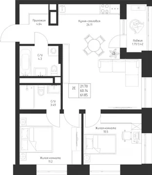 2-к кв. Татарстан, Казань Седьмое Небо жилрайон,  (61.85 м)