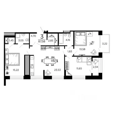 3-к кв. Рязанская область, Рязань ул. 1-я Железнодорожная (87.58 м)