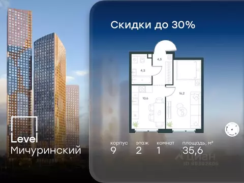 1-к кв. Москва Левел Мичуринский жилой комплекс, к9 (35.6 м)