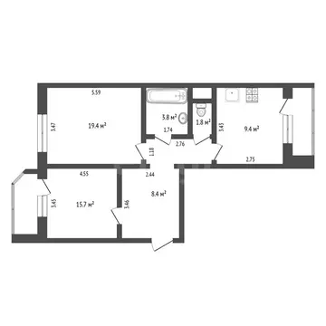 2-комнатная квартира: Тюмень, Новосибирская улица, 129 (61.8 м)
