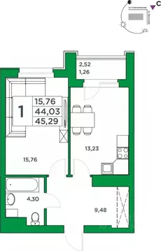 1-к кв. Башкортостан, Уфа Комсомольская ул., 8 (44.03 м)
