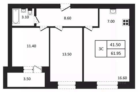 3-к кв. Новосибирская область, Новосибирск  (61.95 м)