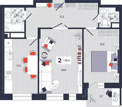 2-к кв. Тульская область, Тула ул. Академика Насоновой, 1А (65.4 м)