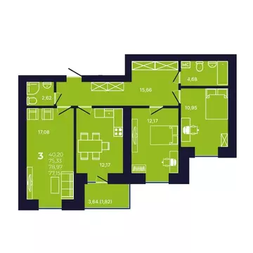3-комнатная квартира: Уфа, улица Михаила Зайцева, 8 (77.6 м)