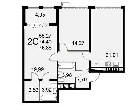 2-к кв. Тульская область, Тула ул. Федора Смирнова, 2 (76.88 м)