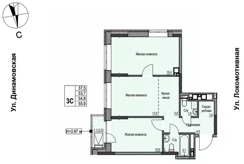 3-к кв. Удмуртия, Ижевск Локомотивная ул., 2 (54.6 м)