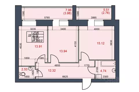 2-к кв. Вологодская область, Череповец 144-й мкр,  (69.3 м)