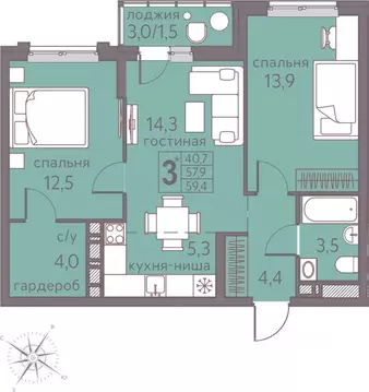 Студия Пермский край, Пермь ул. Серебристая, 5 (59.4 м)