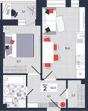 2-к кв. Тульская область, Тула ул. Академика Насоновой, 1А (42.0 м)