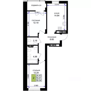 2-к кв. Калининградская область, Гурьевск Включи жилой комплекс (59.54 ...