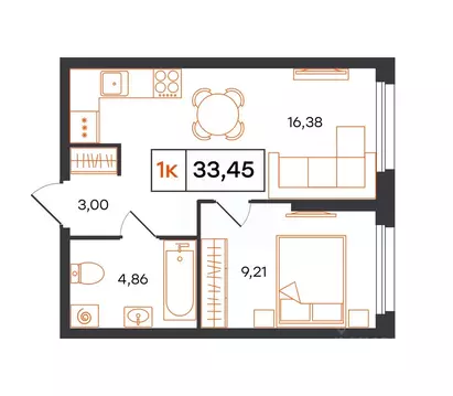 1-к кв. Тюменская область, Тюмень Полевая ул., 117к12 (33.45 м)