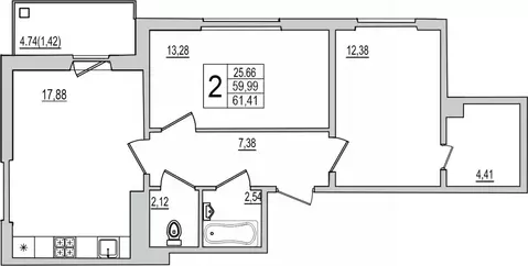 2-к кв. Псковская область, Псков Рижский просп., 94Г (61.41 м)