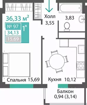 1-к кв. Крым, Симферопольский район, с. Мирное ПроПолис жилой комплекс ...