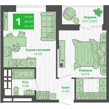 1-комнатная квартира: Владивосток, Ленинский район, ЖК Зелёный Бульвар ...