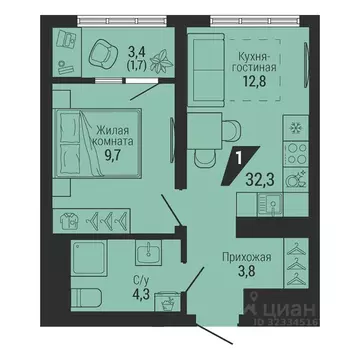 1-к кв. Свердловская область, Екатеринбург Вторчермет жилрайон,  (32.3 ...