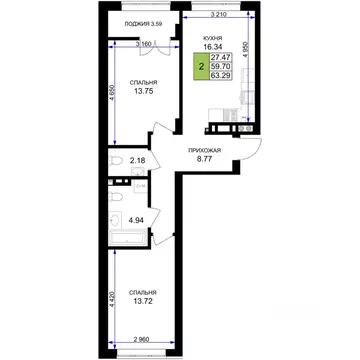 2-к кв. Калининградская область, Гурьевск Включи жилой комплекс (63.29 ...