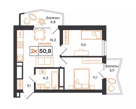2-комнатная квартира: Екатеринбург, улица Патриса Лумумбы, 54 (50.8 м)