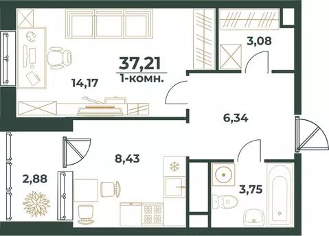 1-к кв. Башкортостан, Уфа ул. Ивана Спатара, 14 (37.21 м)