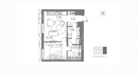 2-комнатная квартира: Москва, Ленинский проспект, 38 (51 м)