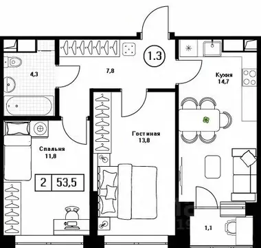 2-к кв. Московская область, Пушкино Пушкино Град жилой комплекс, к2 ...