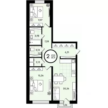 2-к кв. Тюменская область, Тюмень ул. Александра Звягина, 2 (68.76 м)