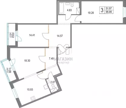 3-к кв. Санкт-Петербург Коломяжский просп., 11 (97.0 м)
