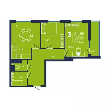 3-к кв. Башкортостан, Уфа ул. Майора Доставалова, 1 (61.44 м)